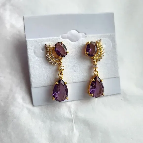 Amethyst Earrings Post Back 925 Sterling Silver Gold Vermeil Dangle New Romantic - Picture 3 of 9